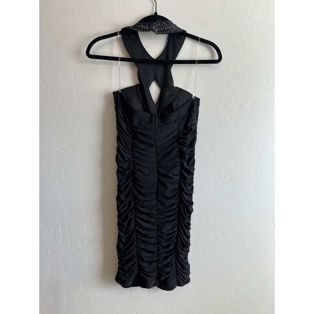 Crystal Doll Y2K Black Ruched Mini Dress with Rhinestone Halter Neckline Size S - Picture 8 of 8